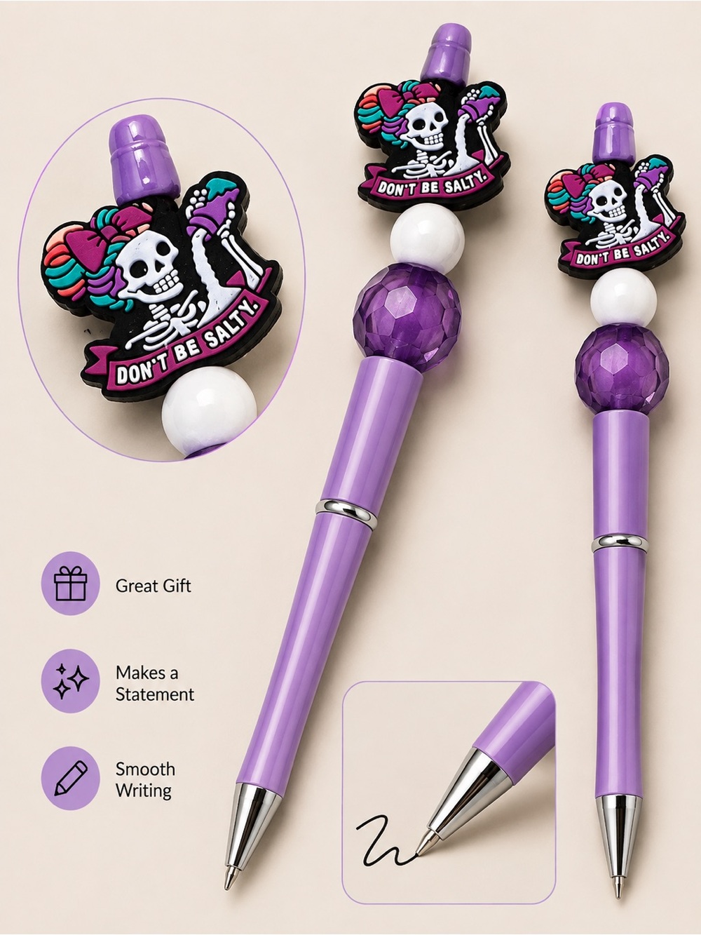 Abrand Purple Beaded Ballpoint Pen with Skull 'Don't Be Salty' Charm